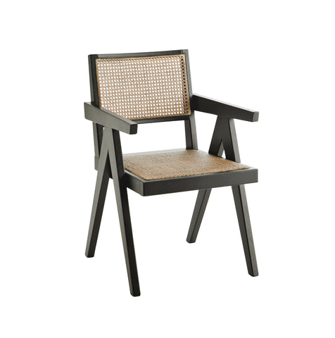 WOODEN DINING CHAIR WITH RATTAN, BLACK